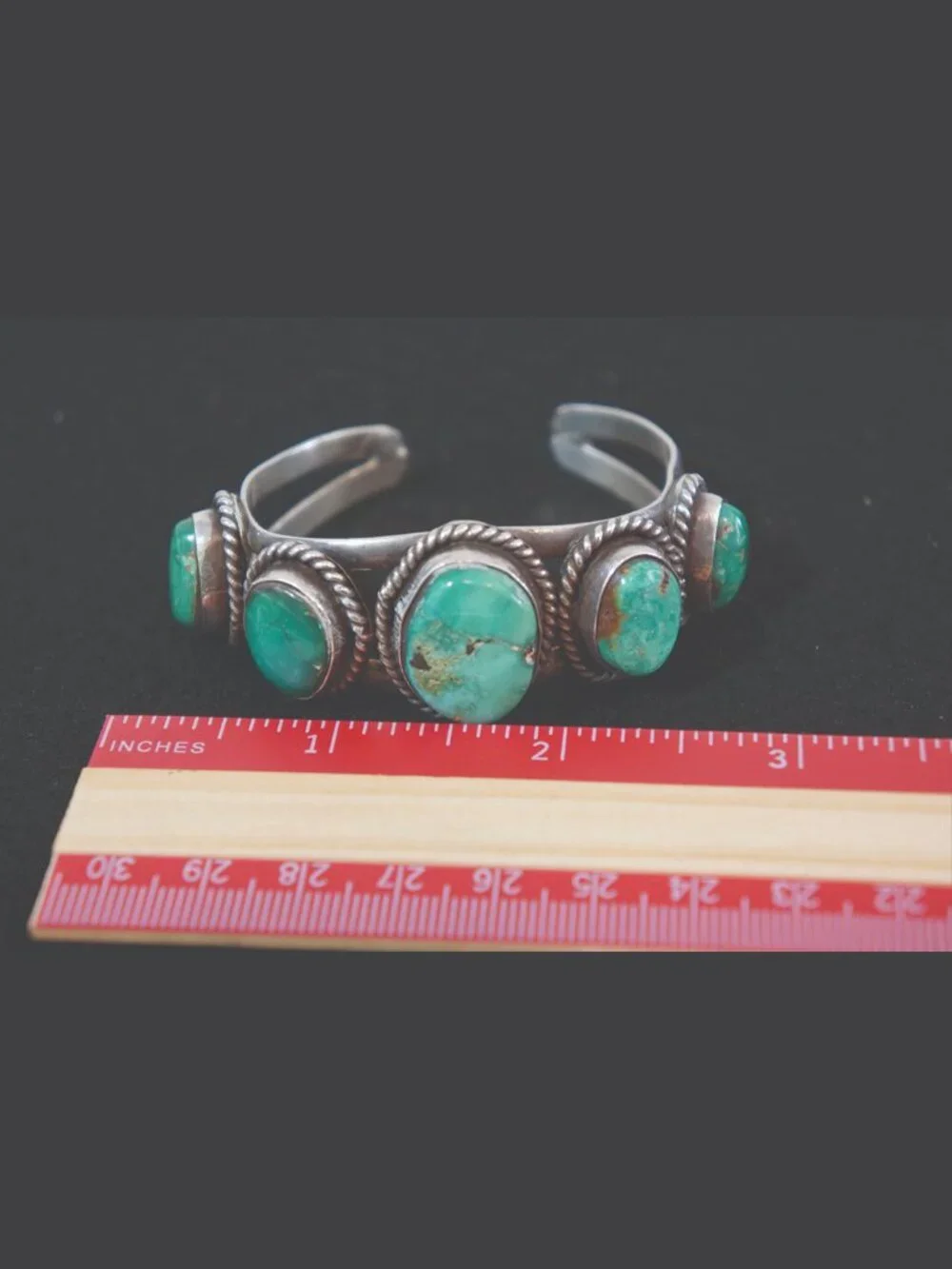 Vintage Navajo Sterling Silver 5 Stone Turquoise Row Cuff Bracelet Unsigned